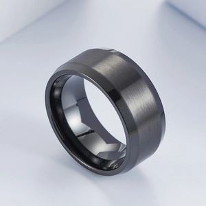 Detailed view of wide minimalist ring with brushed matte texture and polished beveled edges