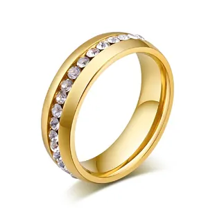 18K Gold Plated Stainless Steel Full Rhinestone Eternity Band Ring For Women Men Wedding Engagement Fashion Jewelry Finger Ring