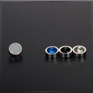 Magnetic stud earrings set with blue, black, and aurora crystal rhinestones in silver