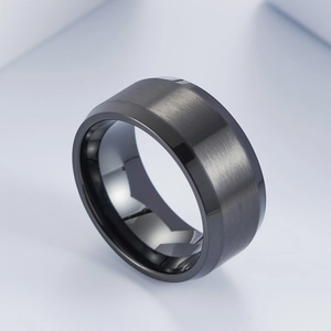 Minimalist wide matte brushed stainless steel ring for men with 18K gold polished edges