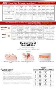 Ring size guide with measurement instructions and international conversion chart