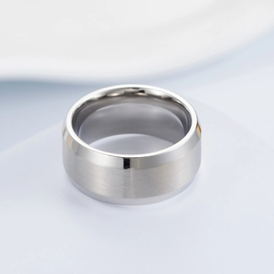 Mens brushed silver wide ring in minimalist matte finish and polished beveled edges