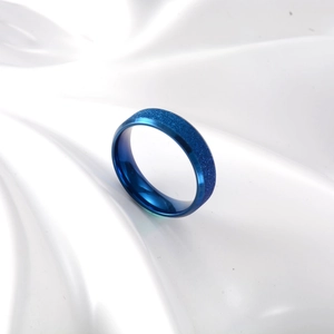 Polished blue titanium steel frosted ring with matte sand finish and beveled edges