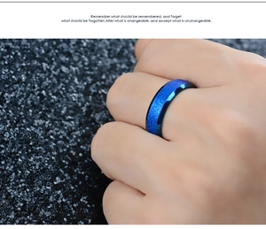 Close-up of 6mm dark blue matte ring with starry sand finish worn on finger