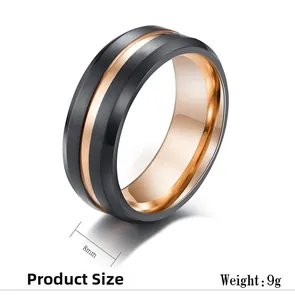 Macro detail of 8mm matte black brushed finish ring with rose gold inner and groove