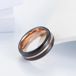 Close-up of brushed black and rose gold stainless steel ring with two-tone finish