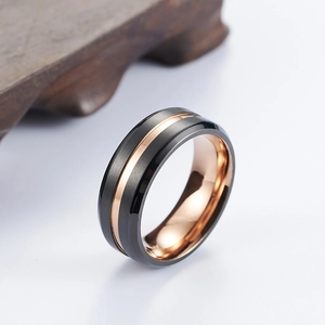 Detailed close-up of two-tone brushed black and rose gold stainless steel ring