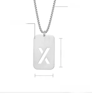 Polished stainless steel dog tag necklace with letter X cutout and 2.5mm box chain detail