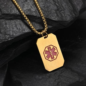 Collana di allerta medica in acciaio inossidabile dorato con simbolo caduceo su ciondolo
