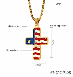Detailed view of the 49x33mm God Bless America gold-plated stainless steel cross pendant