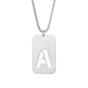 Stainless Steel Initial Necklace Hollow Alphabet Military Tag Pendant Brushed Silver Finish Jewelry Men Women Everyday Wear