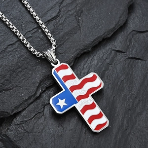 God Bless America flag cross necklace in silver stainless steel on rock base