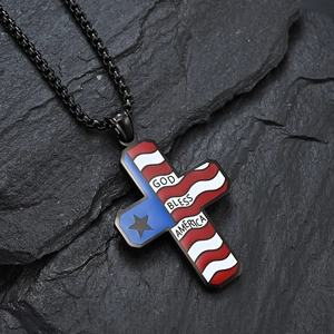 God Bless America cross necklace with flag pattern and black stainless steel chain