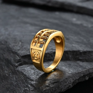 Men's 18K gold plated titanium steel abacus ring with traditional copper coin design