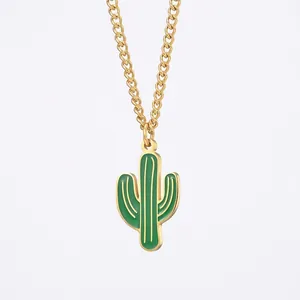 Collana con Ciondolo Cactus in Smalto Verde in Acciaio Inossidabile per Uomo Donna Stile Hip Hop Giapponese Gioielli Pianta