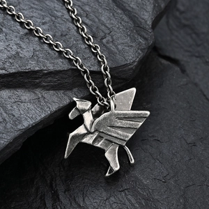 Origami pegasus necklace with vintage oxidized silver finish and industrial design