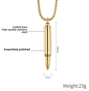 Detailed view of golden stainless steel bullet pendant with high polish on box chain