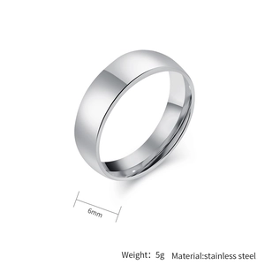 Detailed view of a 6mm silver polished stainless steel ring with size and weight info