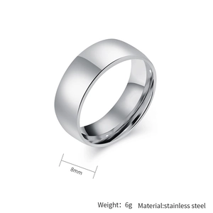 Detail showing 8mm width and 6g weight specifications for the silver stainless steel ring