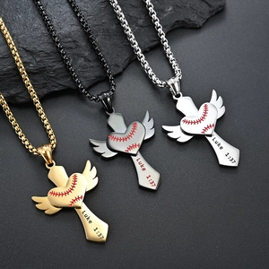 Collier avec pendentif croix cœur de baseball en acier inoxydable or noir et argent