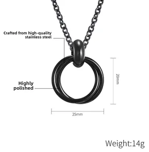 Detailed view of black polished stainless steel interlocking rings pendant with dimensions