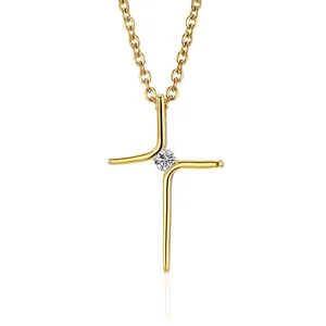 Trendy Stainless Steel Cross Pendant Necklace With Inlaid Rhinestone For Women Men Minimalist Gold Plated Jewelry Gift