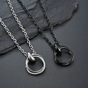Modern minimalist double ring pendant necklace in vintage silver and matte black steel