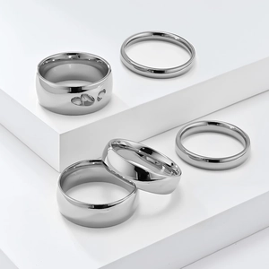 Minimalist high-polished stainless steel rings in varied widths on white geometric pedestals