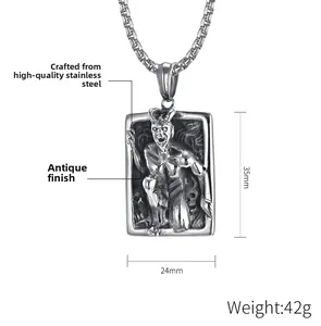 Detailed view of gothic devil pendant in retro aged fine steel with size measurements