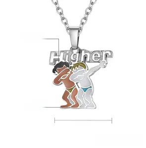 Detail showing Higher letter pendant with colorful cartoon figures in polished steel