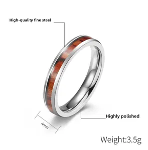 Detail view of 4mm titanium steel ring featuring high polished finish and wood inlay
