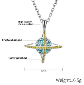Pendentif planète en acier inoxydable poli avec cristaux jaunes, largeur 41mm et poids 16,5g