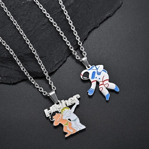 Hip hop street style colorful astronaut and Higher letter pendant titanium steel necklaces