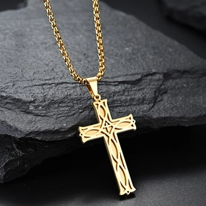 Gold Celtic knot cross necklace for men made of brushed stainless steel on box chain