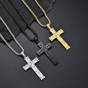 Three-color Celtic knot cross pendants in gold silver and black with steel box chains