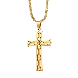 Stainless Steel Celtic Knot Cross Pendant Necklace For Men Women High Polished Religious Jewelry Box Chain Gift