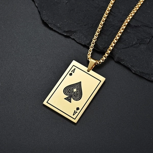 Pendentif carte As de Pique en acier inoxydable plaqué or 18K avec chaîne de type maille