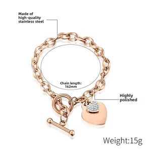 Detail of rose gold titanium heart bracelet with OT clasp and pave-set zircons