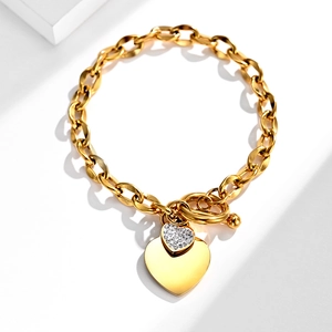 Elegant rose gold heart charm bracelet with sparkling zircons and toggle clasp