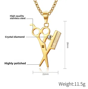 Detailed macro view of gold barber scissor and comb pendant with white crystal accent