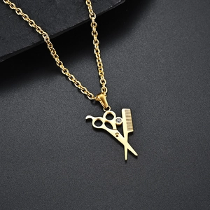 Gold scissors and comb pendant necklace with zircon stone for hairstylists and barbers