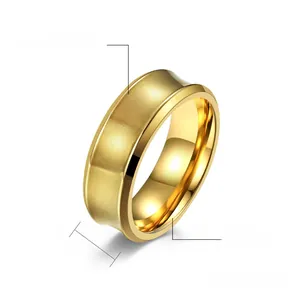 Detail view of 8mm wide gold stainless steel ring with brushed finish and polished edges