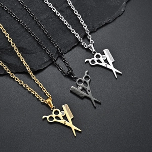 Barber themed scissors and comb pendant necklace in gold, silver and black finishes
