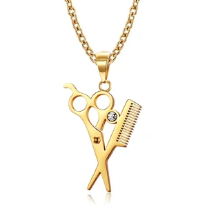 Titanium Steel Scissor And Comb Pendant Necklace For Men Women Hip Hop Barber Professional Jewelry With Rhinestone