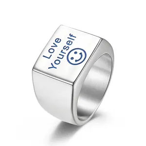 Bague en Acier Inoxydable Love Yourself Bleu Lumineux Visage Souriant pour Hommes Simple Streetwear Minimaliste Bijoux de Mode Accessoire de Doigt