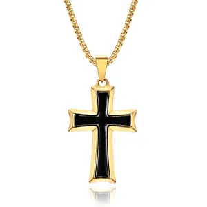 Minimalist Stainless Steel Cross Necklace For Men Religious Black Enamel Pendant Gold Silver Tone Fashion Jewelry Gift For Him