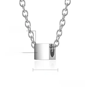 Detailed close-up of 8mm polished stainless steel cube pendant necklace with measurements
