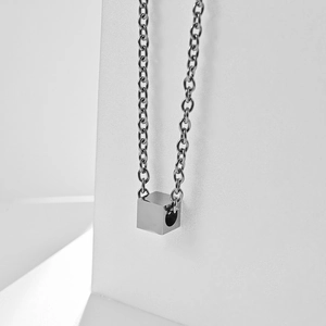 Minimalist silver square cube pendant on O-chain stainless steel necklace for modern look