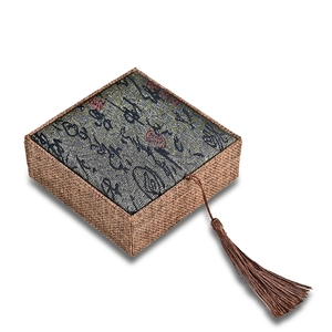 Retro Chinese style jewelry box with calligraphy brocade and rustic burlap textures