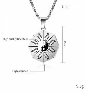 Detail view of octagon Yin Yang Bagua pendant on a 3mm polished stainless steel chain